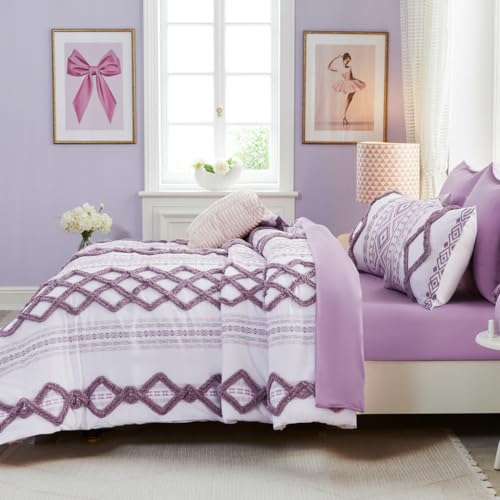 Image of MOVE OVER 7 Pieces Purple Tufted Bed in a Bag King Size Boho Chic Farmhouse Bedding Set Soft Microfiber Ethnic Aztec Comforter Sets for Bedroom Mid-Century Bohemian Bedding Comforter Set