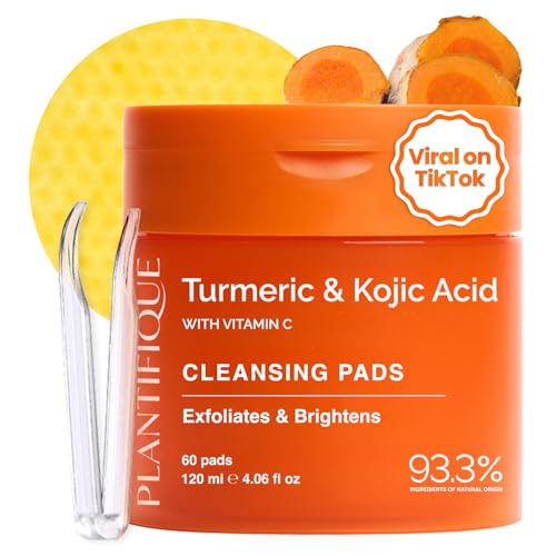 PLANTIFIQUE Kojic Acid and Turmeric Cleansing Pads - Lab-Tested - 60 Exfoliating Pads with Ceramides Niacinamide & Vitamin C for Dark Spots & Uneven Skin Tone