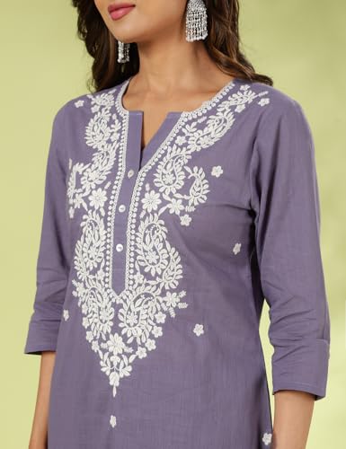 Image of Kaari Chikankari Embroidered Kurta Set for Women- 100% Cotton | Yoke Detailing | Three Piece Kurta Set with Dupatta | Sleeve