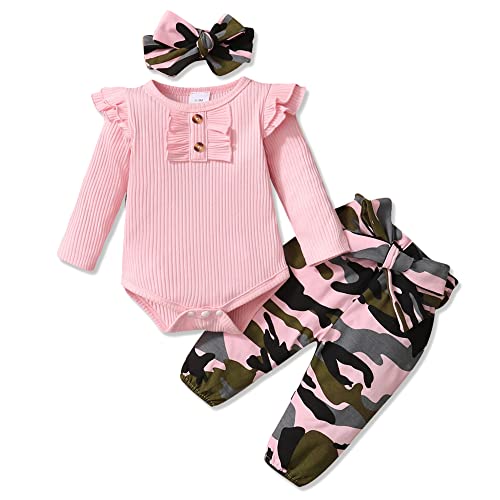 Image of nilikastta Newborn Baby Girl Clothes Infant Girl Outfit,Romper Bodysuit Ruffled Jumpsuit Camouflage Pants Headband Set(Pink Solid,6-12M)