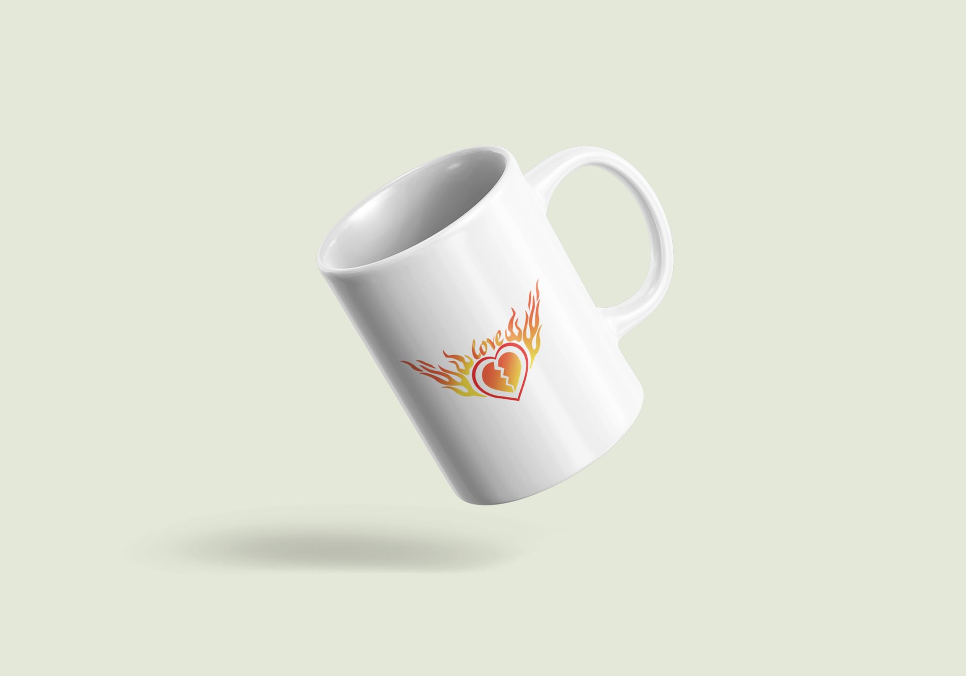 Yellow Orrange Broken Heart with Fire Printed Ceramic Coffee Mug 250 Ml 1
