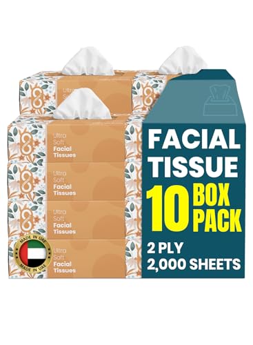 Brandsfinity Daily Care Facial Tissue - Pack of 10 Boxes Total 2000 Sheets 2 Ply Large Soft & Fluffy Facial Tissues (200 Sheets each box)