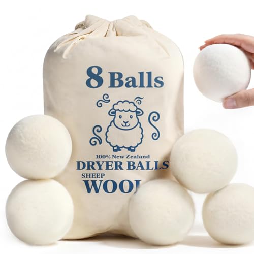 Wool Dryer Balls, New Zealand Dryer Balls Laundry Reusable Reduce Static Cling, Dryer Ball to Reduce Wrinkles & Shorten Drying Time, Drying Balls Fabric Softener Ball for Laundry（Pack of 8)