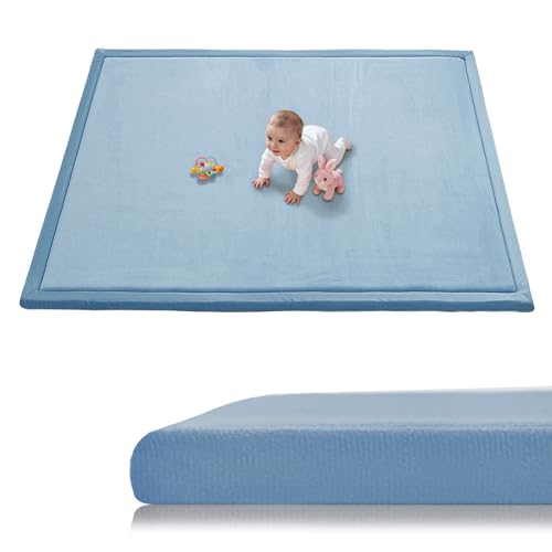 Image of Baby Play Mat for Floor, 1.3 Inch Thick Memory Foam Tummy Time Mat with Non Slip Backing, Soft Coral Velvet 50x50 Inch Playpen Mat Crawling Tatami for Infants Toddlers Kids, Midnight Blue