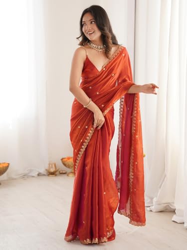 Image of AKHILAM Women's Shimmer Tissue Embroidered Saree With Unstitched Blouse Piece