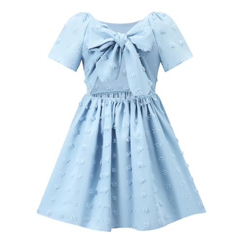 Image of HILEELANG Girls Summer Dress Bow Tie Back A-Line Party Dress for Little Big Girls Short Sleeve Dress with Lining 6-12 Years
