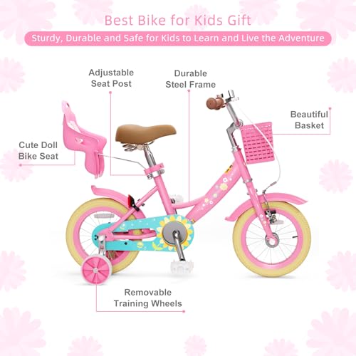 Image of Glaf Toddler Girls Bike for Age 2-9 Years 12 14 16 20 Inch Kids Bike | Girls Bicycle,Toddler Bike,Doll Seat, Basket, Adjustable Seat, Bell,
