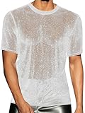 WDIRARA Men's Glitter Mesh Sheer Round Neck Short Sleeve T Shirt Shiny Tee Tops White X-Large