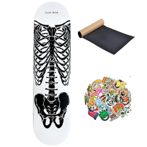 Tavola da Skate scheletro professionale SKELETON Skateboard deck con Grip incluso MISURE DECK 8.0 o 8.25 + 10 stickers skate (skeleton, 8.0 + stickers)