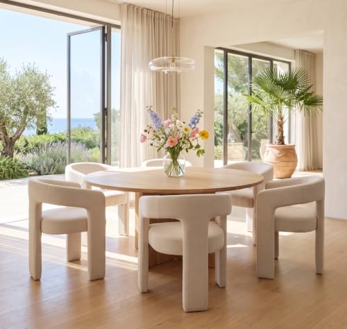 RIVOVA Modern Barrel Dining Chairs Set of 6, Linen Upholstered Accent Chairs with Arms Comfy Makeup Vanity Chairs, Dining Living Room Kitchen Chairs, Beige - Image 3
