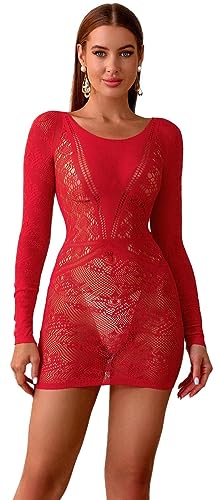 Bommi Fairy Lingerie sexy pour femme - Bas résille - Mini robe portefeuille - Robe en dentelle, rouge, XS-XXL