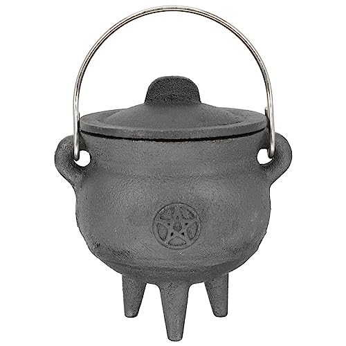 DOITOOL Mini Cast Iron Cauldron with Lid and Handle, 4 Inch Halloween Witch Pot with Lid for Halloween Decoration or Incense Burning (Pentagram)