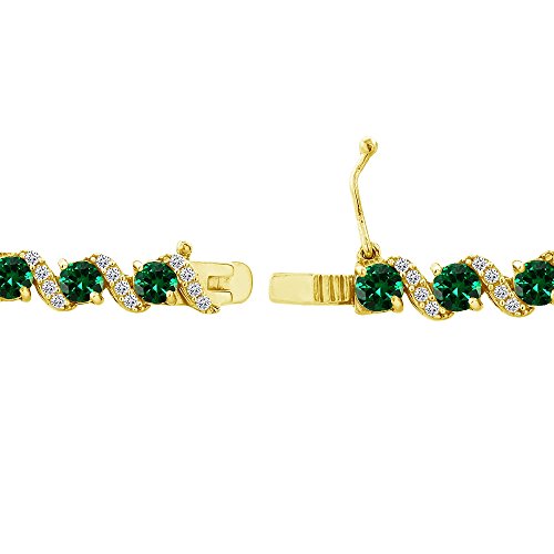 B. Brilliant Yellow Gold Flashed Sterling Silver Simulated Emerald 4Mm Round-Cut S Design Tennis Bracelet With White Topaz Accents #TOP3