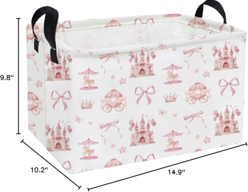 Image of Essme Rectangular Pink Baskets,Girls Storage Box,Cute Basket for Kids with Handles for Room Decor, Book Bins,Shelf Basket.(Castle)