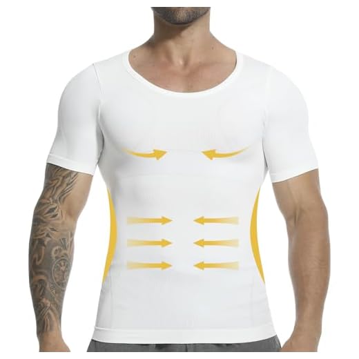 PODFAN Mens Slimming Body Shaper Shirt, Gynecomastia Men Compression Short Sleeve, Hide Moobs Vest, Chest Tummy Control Undershirts, Tank Top Shapewear for Men (White,Large)
