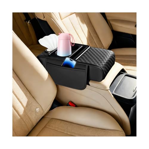 Sandfren Car Center Console Armrest Pillow 5-in-1 Armrest Box Cover with Cup Phone Holder & Storage Pocket Tissue Box Multifunctional Auto Middle Console Arm Rest Protector Universal Fit (Black)