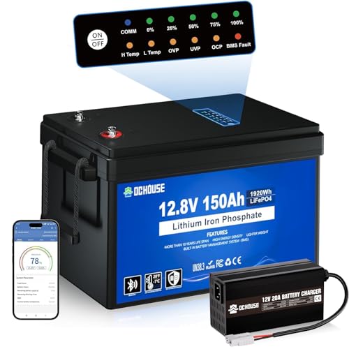 DCHOUSE 12V 150Ah Batería de Litio LiFePO4 Bluetooth con luz SOC y Cargador de 20A, 10 años de Vida útil con hasta 15000 ciclos, BMS de 120A,Ideal para Motores de Arrastre,Aplicaciones náuticas,Solar
