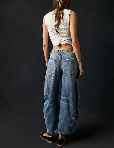 Womens Baggy Boyfriend Jeans Vintage Wide Leg Mid Rise Barrel Denim Ankle Pants Cropped Jeans,Blue,XX-Large3
