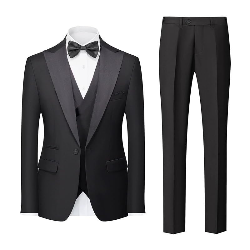 Men’s Formal Business Three Piece Suit Set with Pants Vest Classic Tuxedo for Wedding and Birthday Parties(Black,XXX-Large)