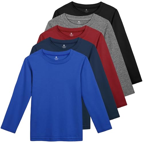 5 Pack Cotton Boys Long Sleeve Shirts Toddlers Soft Crewneck Tee Kids Basic Long-Sleeve T-Shirts Top