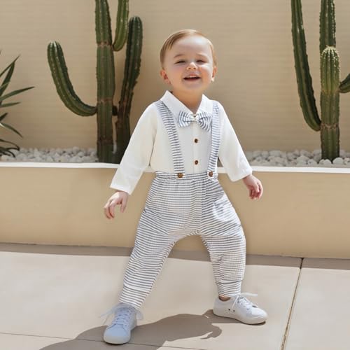 Image of VISGOGO Toddler Boy Linen Outfit Baby Boy Fall Winter Clothes Set Button-Down Shirt Tops Cotton Linen Pants 2PCS (Grey-Striped, 0-6 Months)