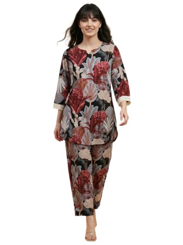 Image of Bee M Pee Designer Trendy Floral Printed Poly Rayon Cotton Kurta Coord Sets for Women | Stylish Casual Kurti Tunic Cord Set with Pant for Woman for Office