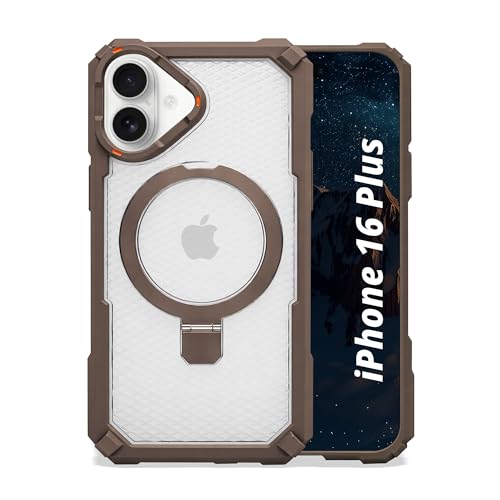 Image of AIBEX Transparent Back Cover Compatible for iPhone 16 Plus| Mag-Saf Magnetic Ring Kickstand | Shockproof Dual Layer Military Grade Drop Protection Armor Case| Wireless Charging Support - Brown