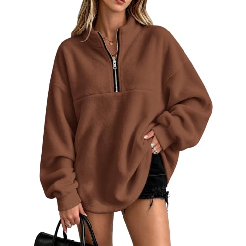 Brown Quarter Zip Sweatshirt Women Fleece Oversized Half Zip Pullover - image 1