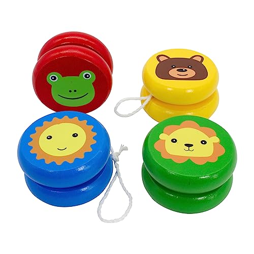 GICO JoJo 6477 - Set di 4 diversi jojos in legno con divertenti motivi di animali, regalo di compleanno per bambini