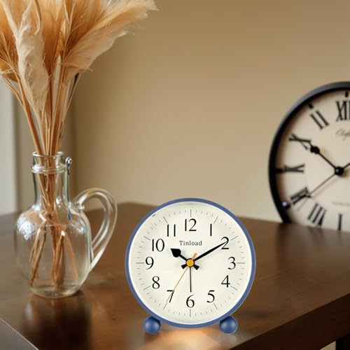Image of Tinload 4.5 inch Vintage Retro Analog Alarm Clock, Super Silent Non Ticking Small Clock with Manual Light, Snooze, Battery Operated, for Living Room, Bedroom, Bedside, Desk(Blue)
