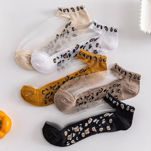 Image of Women Sheer Mesh Ankle Socks Thin Nylon Transparent Novelty Leopard Sock 5 Pack for Girls