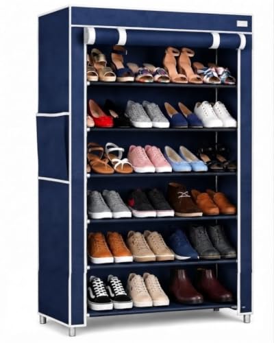 Image of 6 Layer Shoe Rack Plastic with Blue Cover | Multipurpose Plastic Shoe Rack for Home | Space Saving Foldable Shoe Stand | Storage Rack for Home, Bedroom & Entryway.