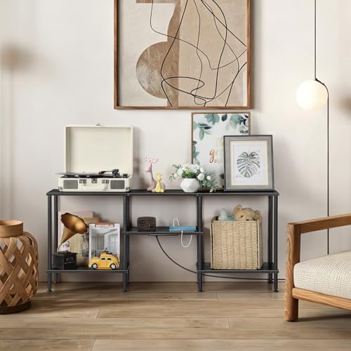 Image of OYEAL Bedroom TV Stand with Power Outlets up to 50 inch TV, Small Entertainment Center Stand with Storage Modern Media TV Console Table for Living Room Bedroom, Dark Grey
