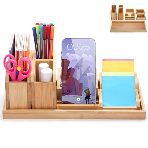 Bamboo Desk Organizer Tray, 7 Pieces Adjustable Office Supplies P...