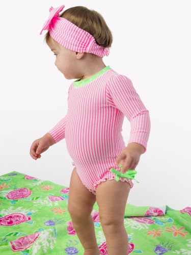 Image of RuffleButts Baby-Girls Seersucker Long Sleeve Rash Guard - One Piece Swimsuit UPF 50+ Toddler