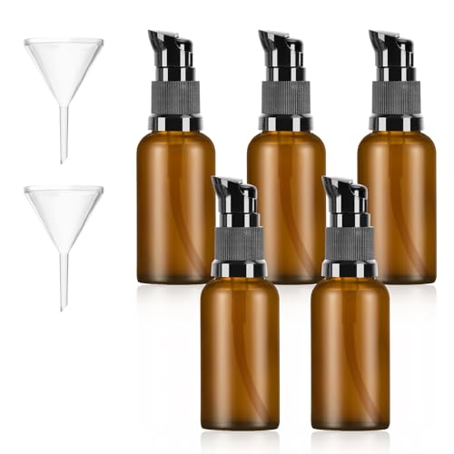 KTPCN 8 Pcs 30ml Botellas de Vidrio Ambar, Dispensadores de Bomba de Vidrio Marrón, Botellas de Bomba de Vidrio Vacías Rellenables para Aceite Esencial de Viaje Crema Loción, con 4 Embudos (8)