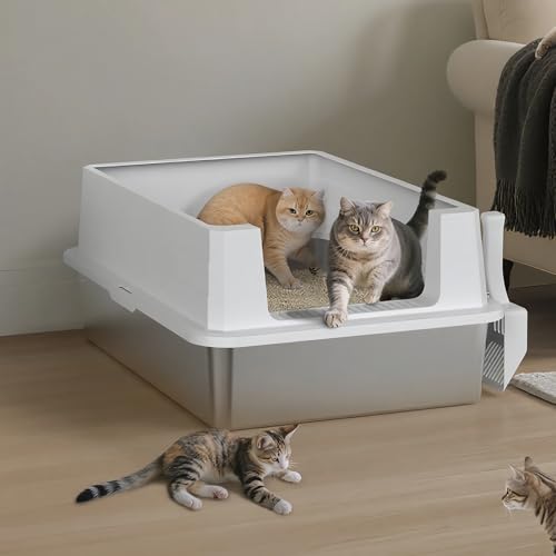 MIXJOY XXXL Stainless Steel Cat Litter Tray Metal Cat Litter Box with 31cm High Sided 71cm Extra Large Litter Box with Detachable Lid for Big Cats/Multiple Cats with Litter Scoop 71x51x31cm