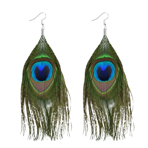 Boucle D'oreille Plume de Paon Femme, Bijoux de Carnaval Boucles D'oreilles à Pampilles Plume, Boucle D'oreille de Paon pour Filles Femme Accessoires de Mascarade de...