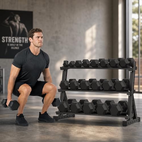 HANDBODE Rubber Coated Hex Dumbbell Set with Rack