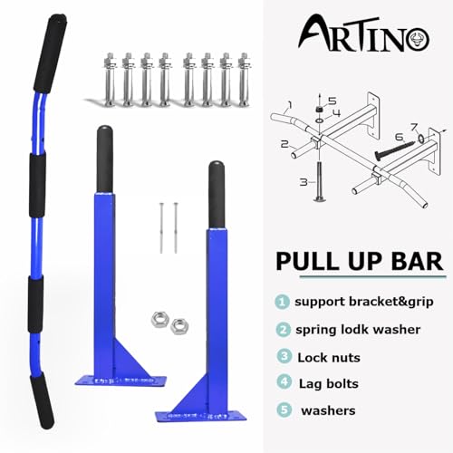 Image of Artino Wall Mounted Pull-Up Bar for Home Gym - Multi-Grip Chin-Up Bar, Heavy Duty Steel Frame, 120 kg Capacity - Includes Mounting Kit
