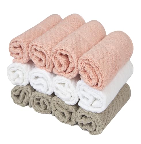 Image of PH Pleasant Home Diagonal Wash Cloths Set - 12 Pack (12 inch x 12 inch) - 509 GSM - 100% Ring Spun Cotton Wash Cloth - Super Soft and Highly Absorbent Face Towels (Blush,White & Tan)