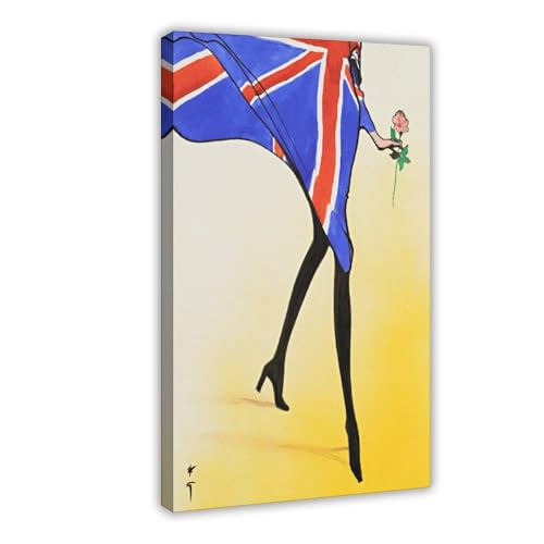 Toile de Rene Gruau femme en robe Union Jack de qualité supérieure avec cadre suspendu