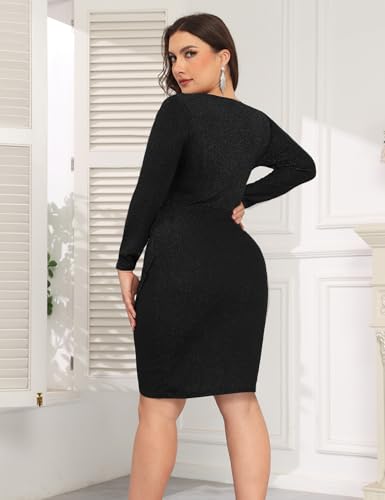 Image of CYCLAMEN 1X-4X Plus Size Sparkle Glitter Ruched Bodycon Mini Wrap Dress Sparkly Sequin Dresses Ruffle Sleeve Party Cocktail