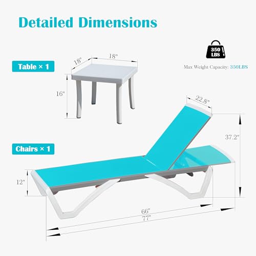 Image of Domi Outdoor Lounge Chair, Aluminum Patio Chaise Lounge with 5 Position Adjustable Backrest and Wheels, All Weather Reclining Chair with Side Table for Patio, Yard,Balcony,Poolside (Lake Blue)