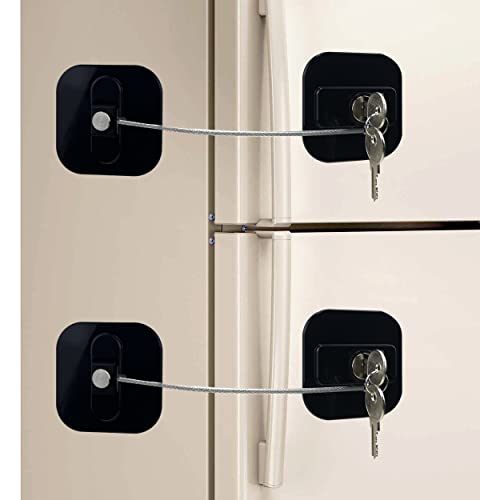 Refrigerator Door Locks，2 PCS Fridge Lock with 4 Keys and Strong Adhesive Child Safety Locks Set for Appliances Kitchen Cabinets Fridge Door Refrigerator Cabinet Drawer（Black 2Pack）