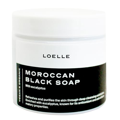 Loelle - Jabón Negro Marroquí 100% Orgánico - Hecho con Ingredientes Naturales - Exfoliantes Corporales Hammam Negros - Gel de Ducha Exfoliante (200g)