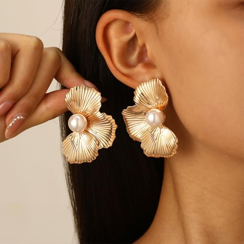 Chunky Gold Flower Pearl Dangle Earrings Dainty Large Floral Leaf Pearls Drop Dangly Earring for Women Vintage Trendy Ginkgo Leaves Statement Jewelry2
