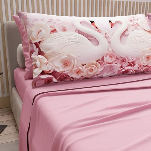 PETTI Artigiani Italiani - Lenzuola in Cotone con Federe in Stampa Digitale, Lenzuola Matrimoniali, Completo Letto Matrimoniale, Cigni Rosa, 100% Made in Italy