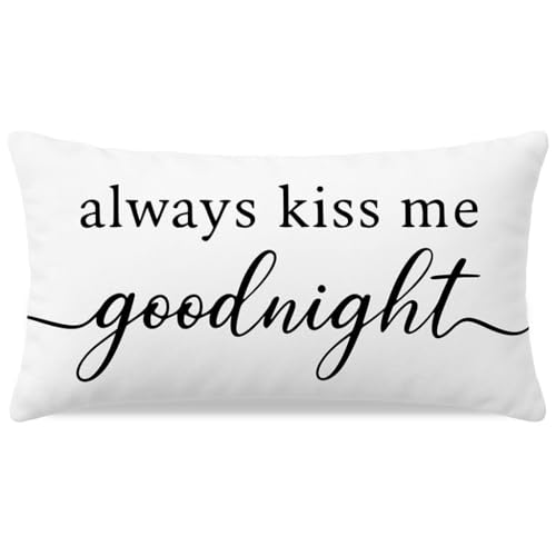 HERHOME Decorative Throw Pillow Cover 12x20 Inch, Always Kiss Me Goodnight White Lumbar Cushion Case Sign for Bedroom Bed Sofa Couch, Wedding Gifts for Couples Anniversary Home Decor