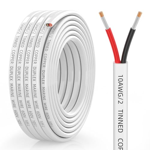 10 Gauge Marine Wire, 10/2 Duplex Marine Grade Cable, IP68 Waterproof/Oxygen-Free Tinned Copper Stranded PVC 10 AWG Wire for Boat, Automotive, RV, Solar, LED Strips (15FT)